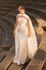 Vedress ivory satin wedding dress elegant strapless cape draped mermaid gown sweep train for ancient ruin elopement wedding