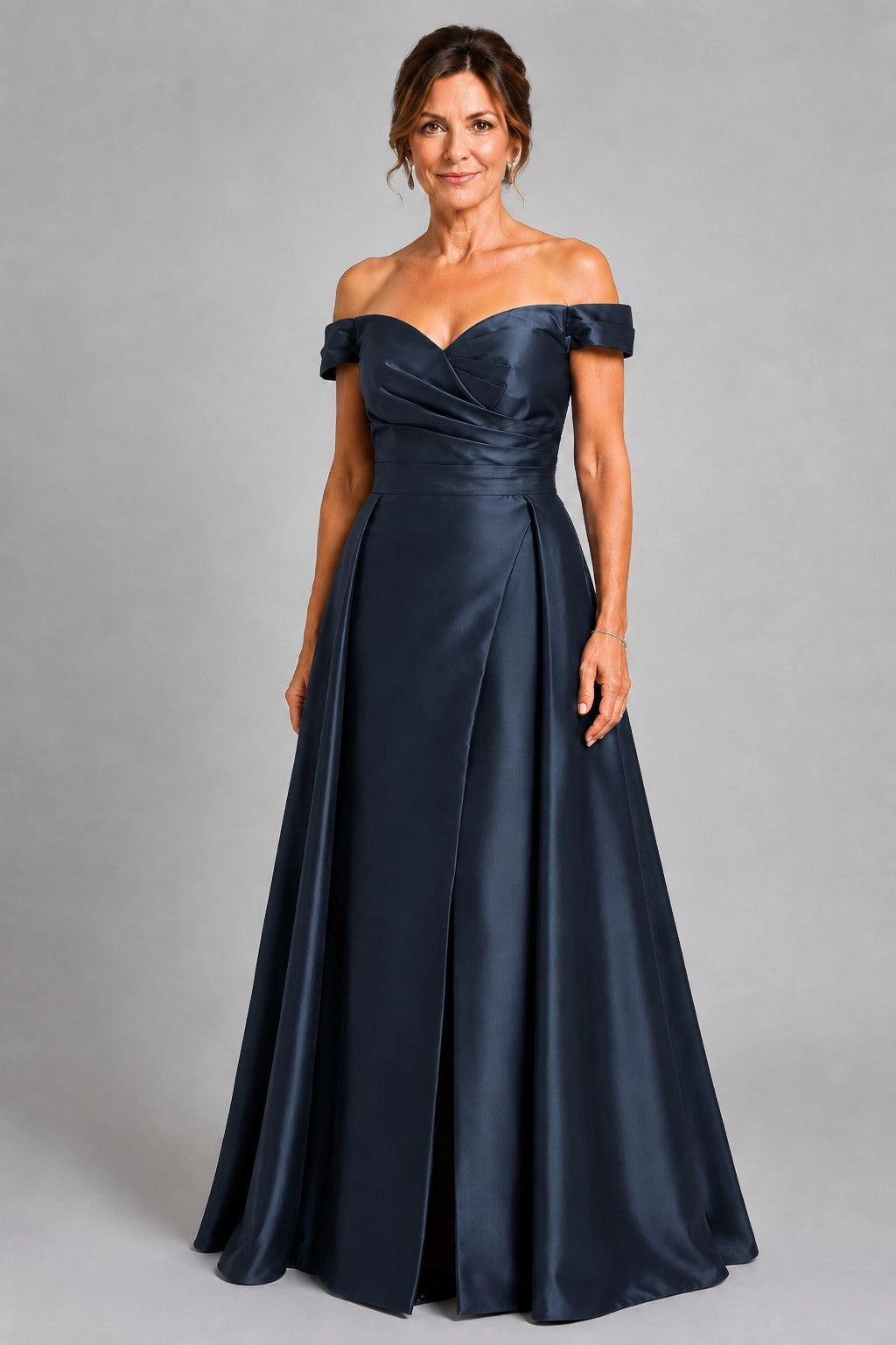 Vedress navy luxury satin off shoulder a-line mother of the bride gown with ruched waist and front split for wedding formal event