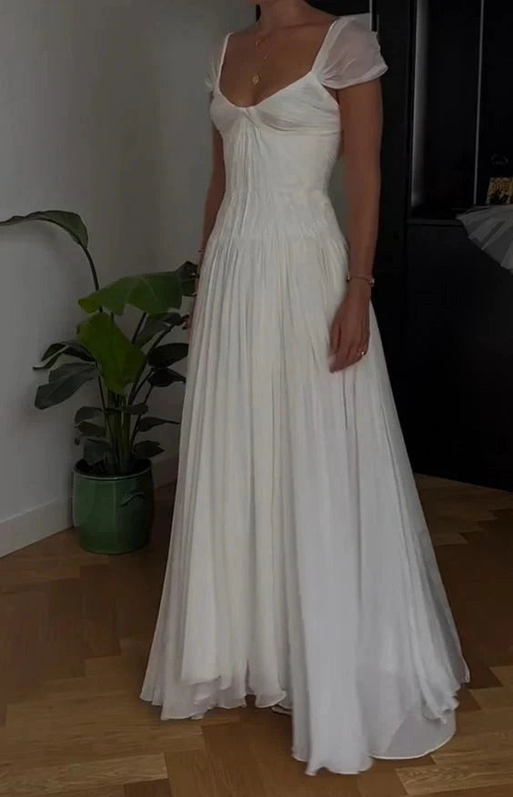 Vedress soft minimal flowy chiffon square neck a line wedding dress short puff sleeves for civil elopement bride