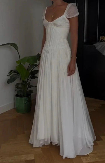 Vedress soft minimal flowy chiffon square neck a line wedding dress short puff sleeves for civil elopement bride