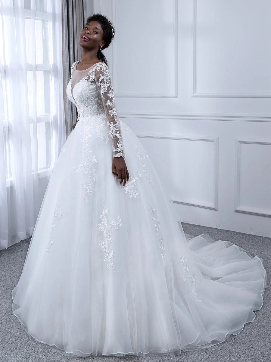 Classic A Line Illusion Round Long Sleeve V Back Chapel Train Wedding Dress