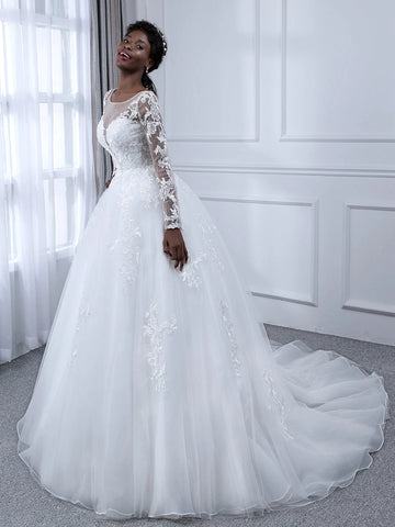 Classic A Line Illusion Round Long Sleeve V Back Chapel Train Wedding Dress