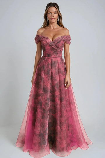 Vedress rose floral floor-length evening dress with sweetheart neckline off-shoulder sleeves and A-line skirt front view