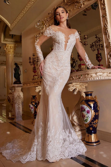 Vedress luxury lace mermaid wedding dress, off shoulder deep v long sleeve bridal gown with scalloped train, front view