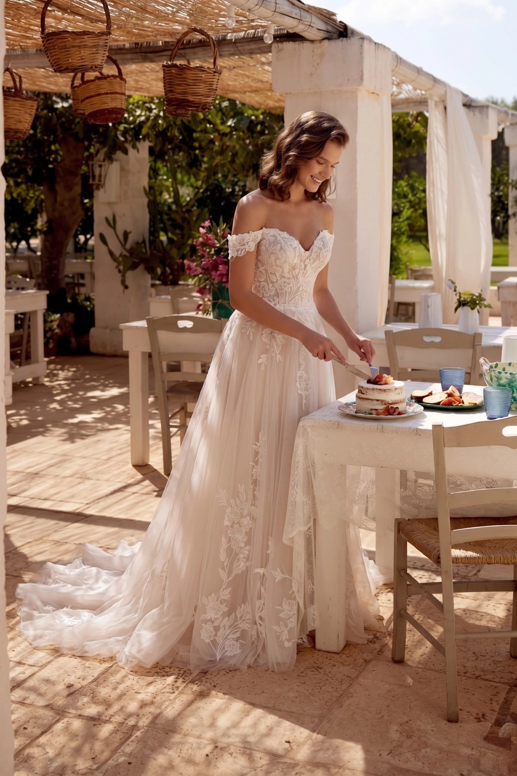 Romantic A-Line Off Shoulder Zip Back Lace Wedding Dress With Train