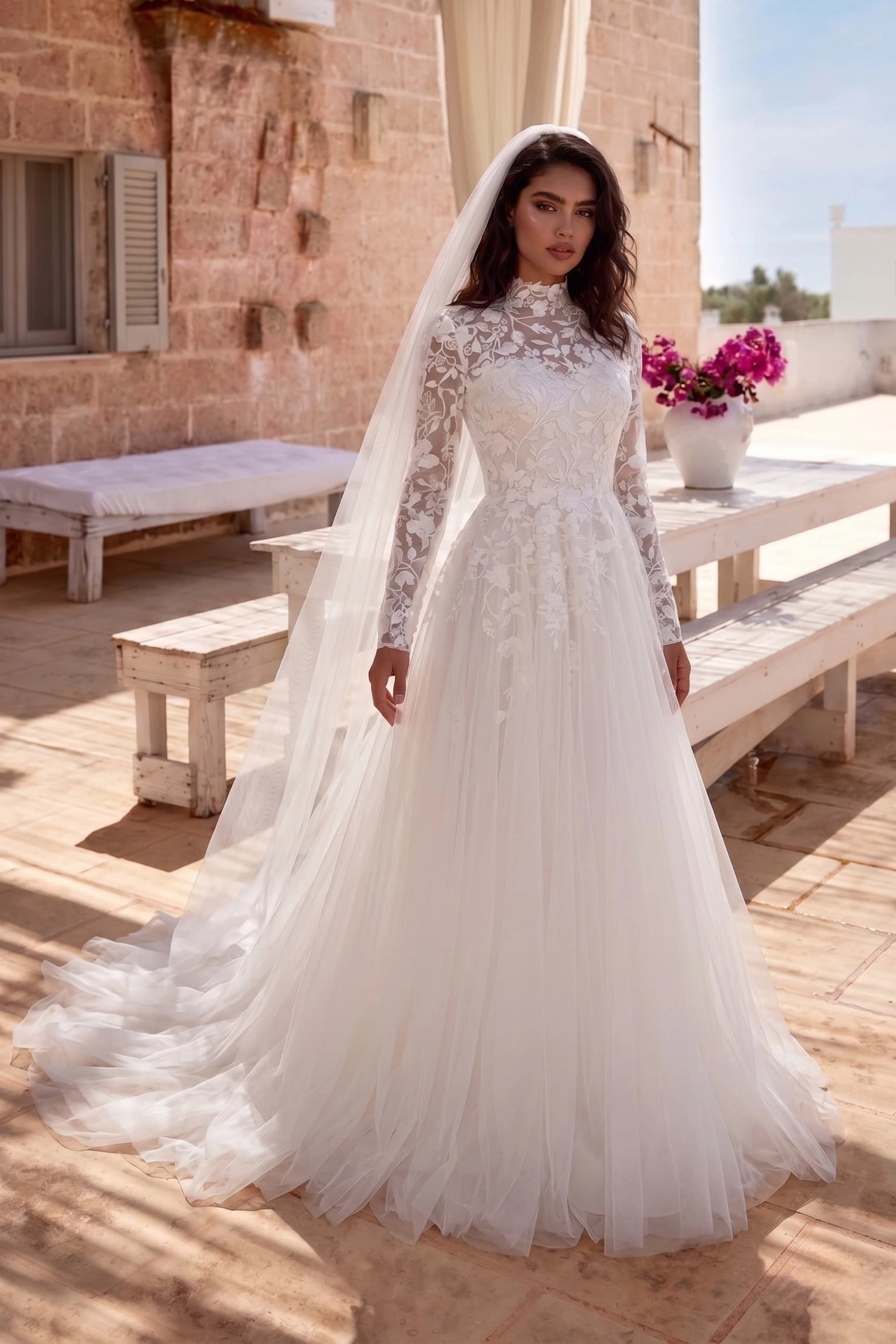 Vedress vintage floral lace high neck long sleeve a line tulle modest wedding dress mediterranean terrace front shot