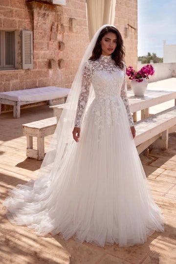 Vedress vintage floral lace high neck long sleeve a line tulle modest wedding dress mediterranean terrace front shot