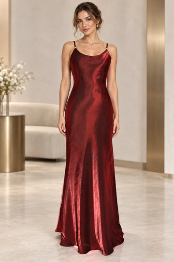 Polished Burgundy Satin Sheath Scoop Neck Sleeveless Crisscross Back Maxi Evening Dress