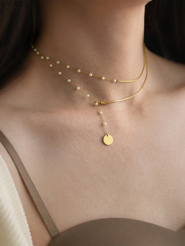 Gold-Tone Double Layer Pearl Disc Pendant Necklace