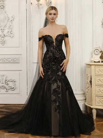 Gorgeous Mermaid Off Shoulder Deep V Plain Back Chapel Train Wedding Dress