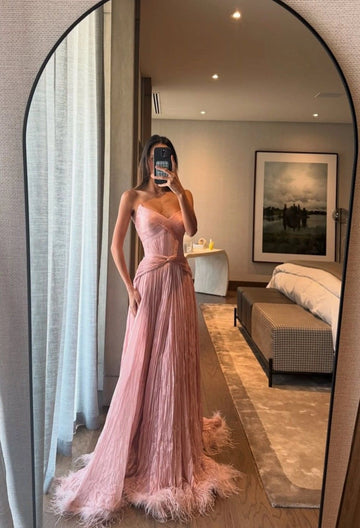 Vedress pink pleated feather hem strapless a‑line prom dress