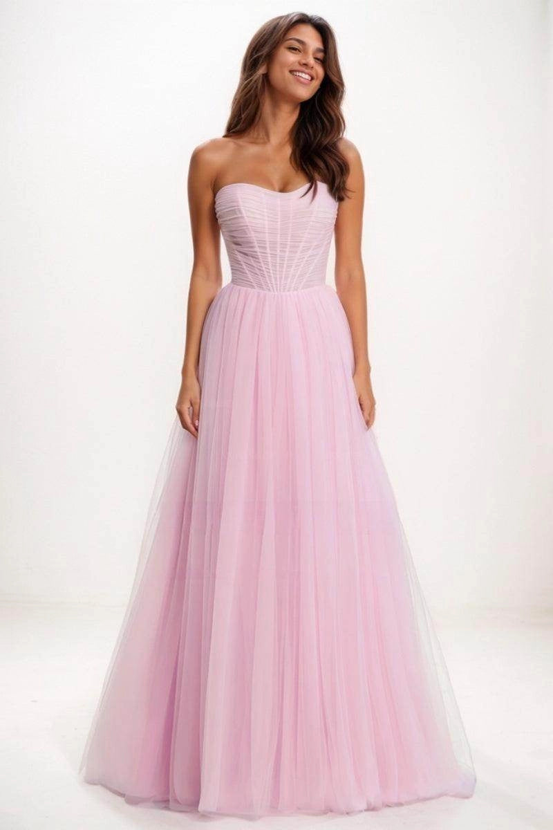 Light Pink Strapless Sweetheart Corset Tulle A-Line Long Formal Prom Dress