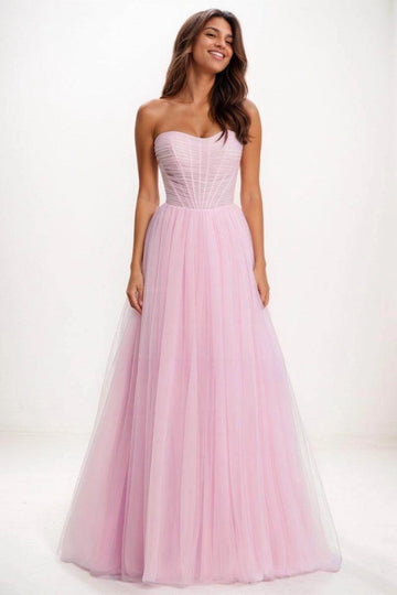Light Pink Strapless Sweetheart Corset Tulle A-Line Long Formal Prom Dress