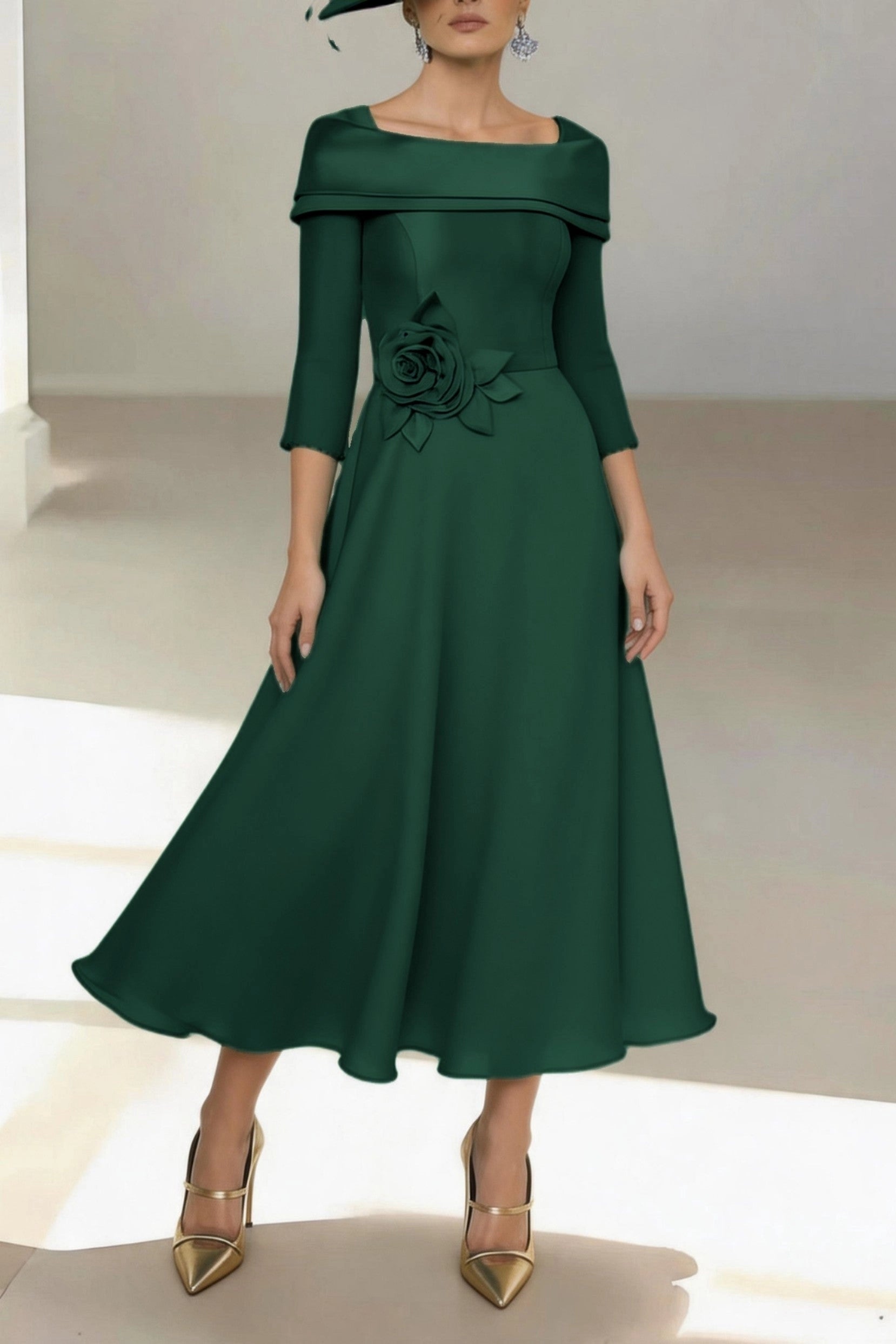 Vedress dark green satin midi mother of the bride dress off shoulder 3/4 sleeve with 3d rose flower for Ascot race day wedding