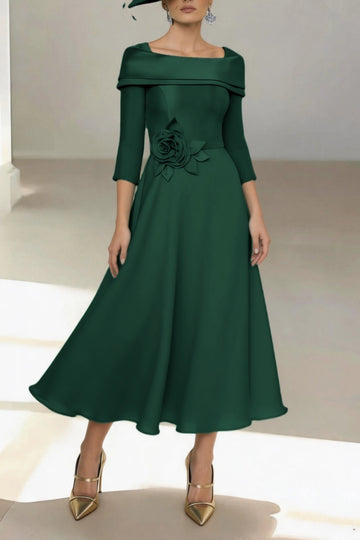 Vedress dark green satin midi mother of the bride dress off shoulder 3/4 sleeve with 3d rose flower for Ascot race day wedding