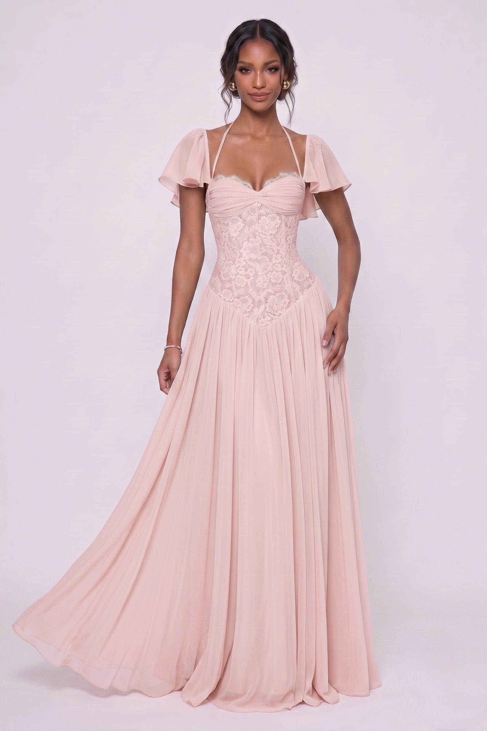 Romantic A-Line Sweetheart Flutter Sleeves Lace-Up Back Floor-Length Wedding Guest Dress