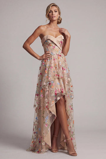 Nude Multicolor Floral High-Low Strapless Straight Back Floor-Length Prom Dress