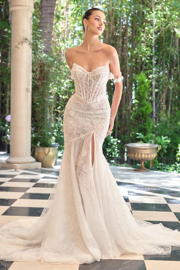 Vedress strapless 3d floral lace mermaid wedding dress, sweetheart detachable off shoulder sleeve high slit bridal gown with sweep train, front view