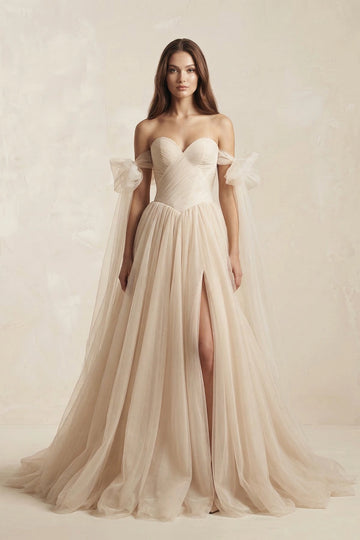 Dreamy A-Line Sweetheart Off Shoulder Bow Sleeve Lace Up Back Train Wedding Prom Dress