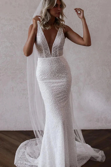Vedress fully beaded sparkly mermaid wedding dress deep v sleeveless chapel train church bridal gown front studio shot