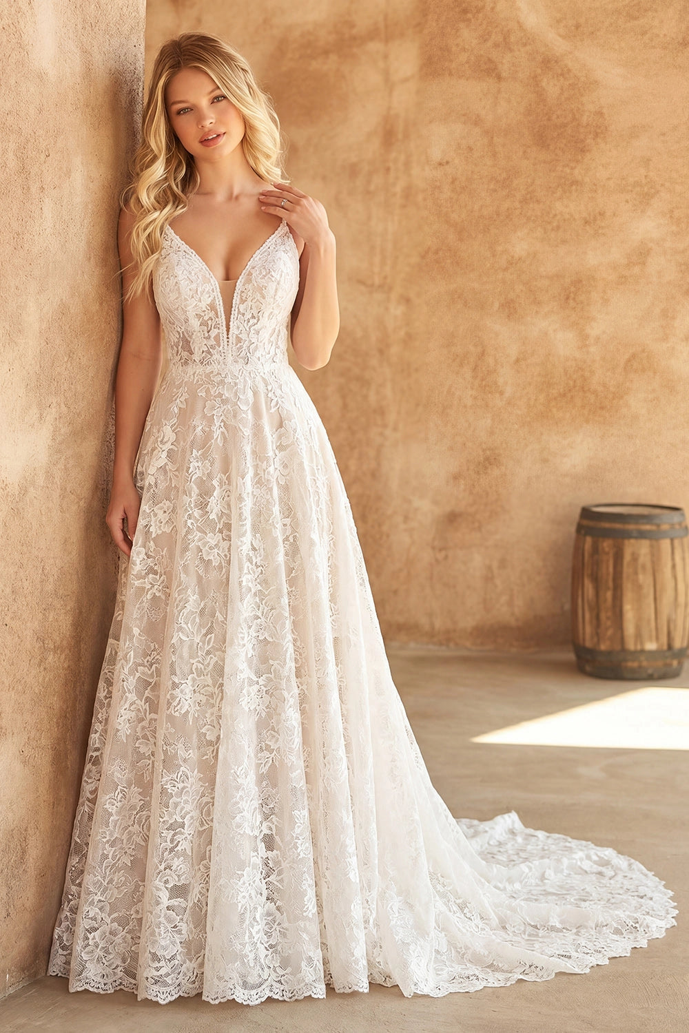 Vedress spaghetti strap floral lace a-line wedding dress, deep v neck boho bridal gown with cathedral train, front view
