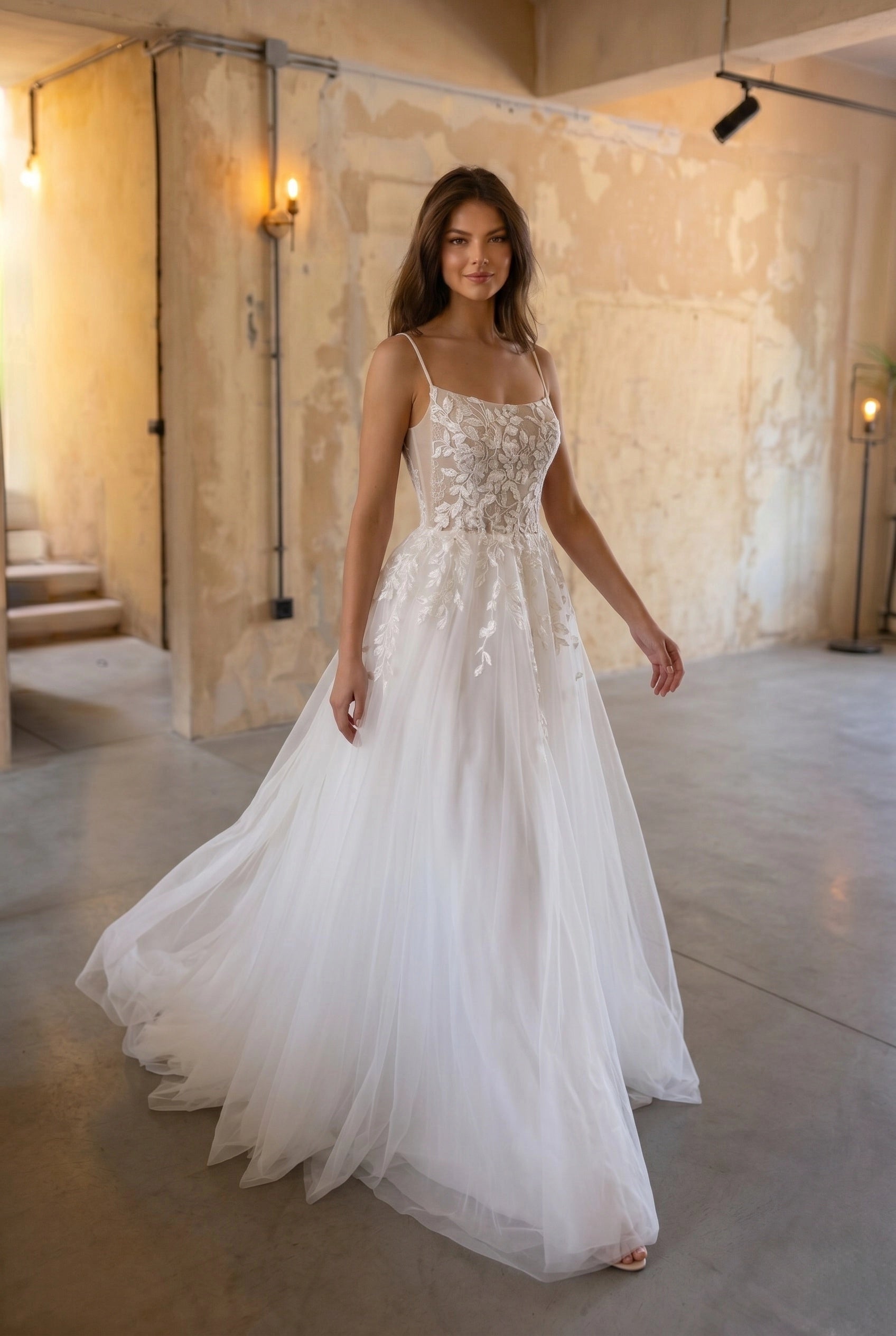 Vedress airy leaf lace square neck spaghetti strap a line tulle elopement wedding dress industrial studio front shot