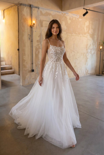 Vedress airy leaf lace square neck spaghetti strap a line tulle elopement wedding dress industrial studio front shot