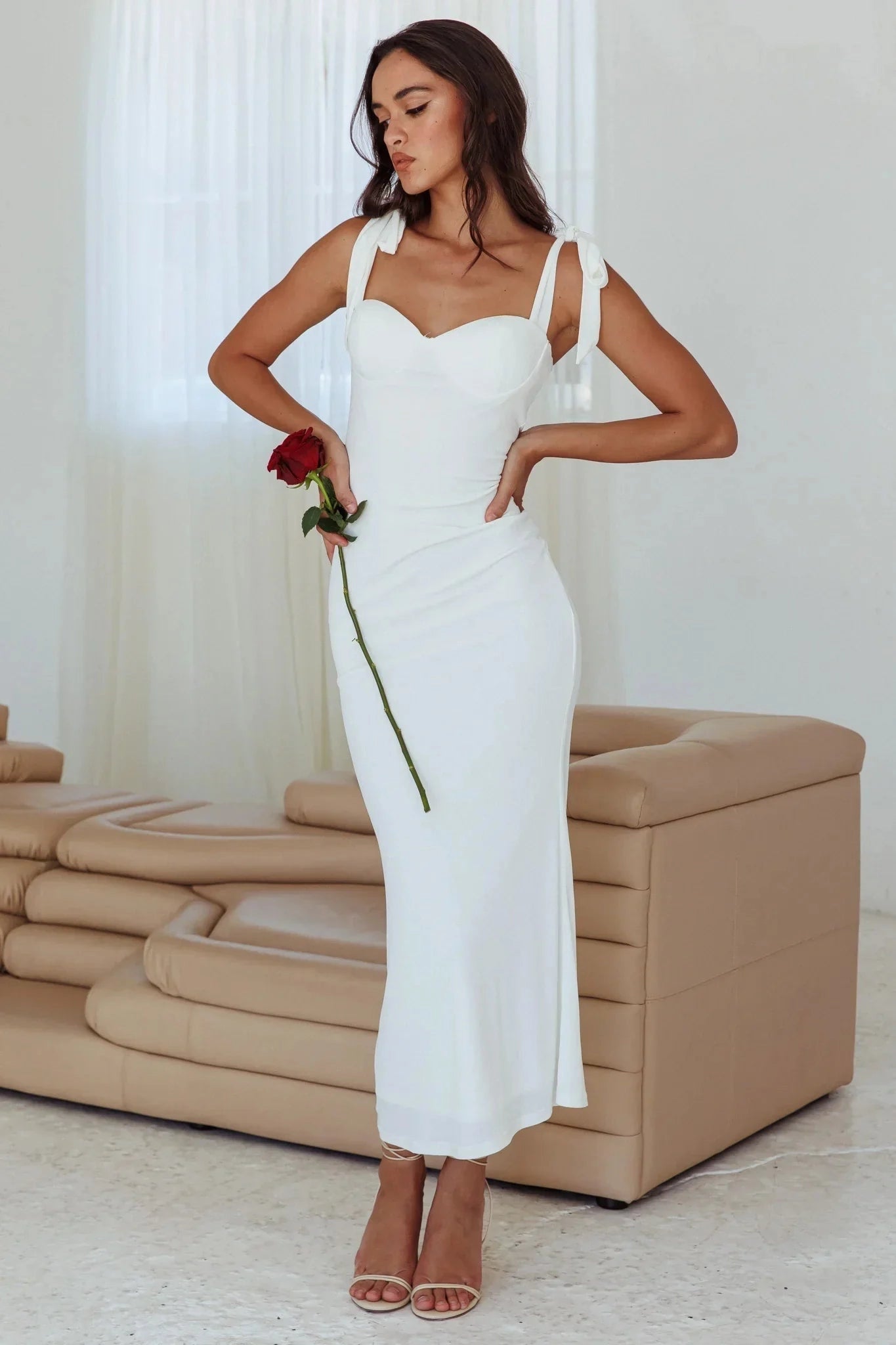 Vedress white midi wedding dress with sweetheart neckline bow straps and fitted sheath silhouette front view
