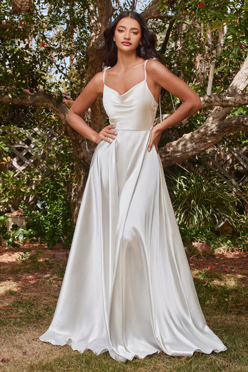 Vedress white satin cowl neck spaghetti strap a line wedding dress with flowing skirt
