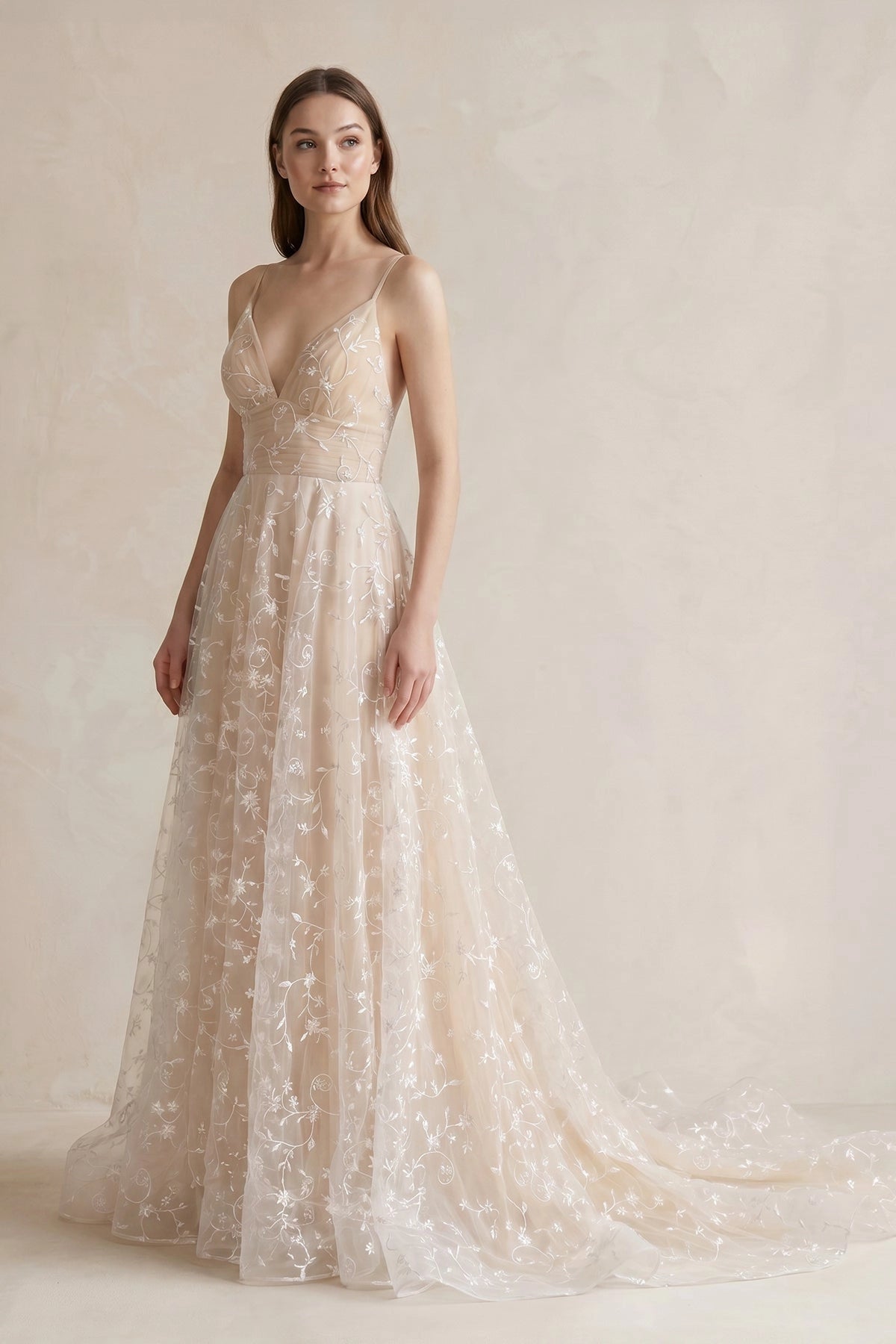 Romantic A-Line V Neck Sleeveless Low Open Back Train Wedding Bridesmaid Dress