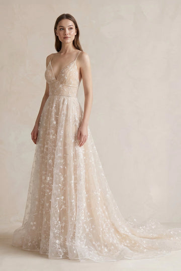 Romantic A-Line V Neck Sleeveless Low Open Back Train Wedding Bridesmaid Dress