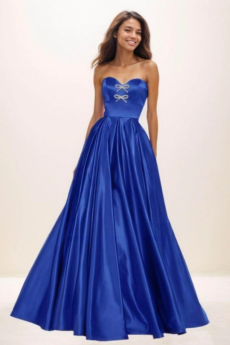 Royal Blue Strapless Sweetheart Rhinestone Bow Lace-Up Back A-Line Long Prom Dress