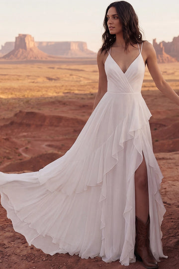 Vedress spaghetti strap chiffon a-line wedding dress, deep v front slit ruffled western elopement bridal gown, front view