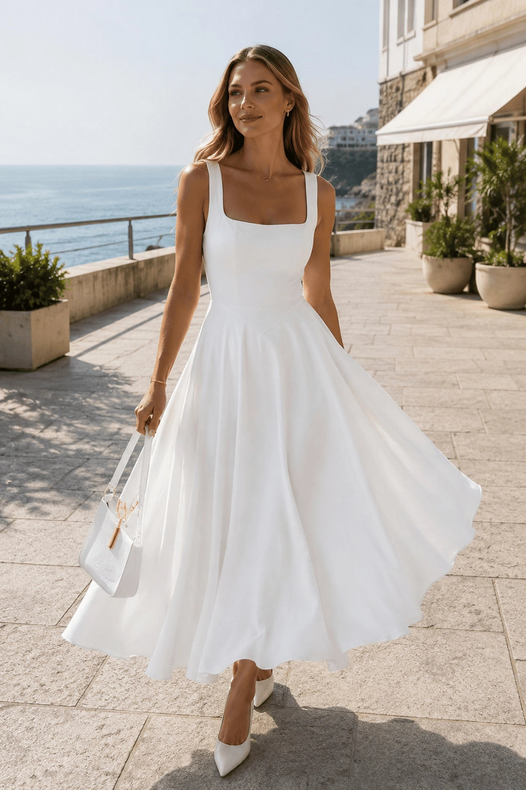 Timeless A-Line Square Neck Sleeveless Classic Back Midi Wedding Guest Dress