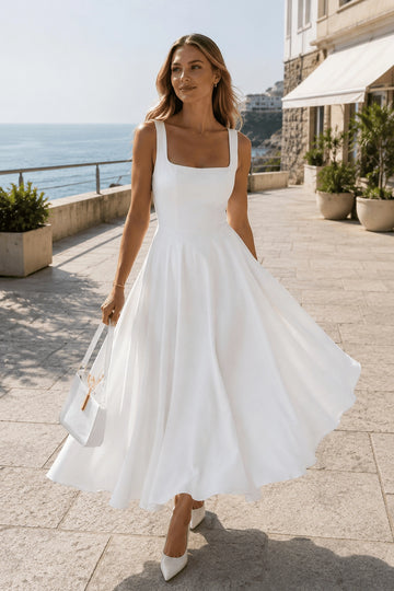 Timeless A-Line Square Neck Sleeveless Classic Back Midi Wedding Guest Dress