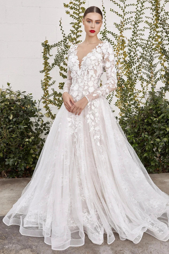 Romantic 3D Floral A-Line Deep V Long Sleeve Low Back Tulle Wedding Dress