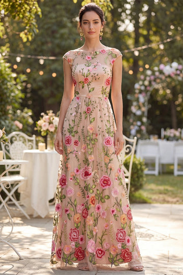 Nude Floral A-Line Crew Neck Cap Sleeve Sheer Back Floor-Length Prom Dress