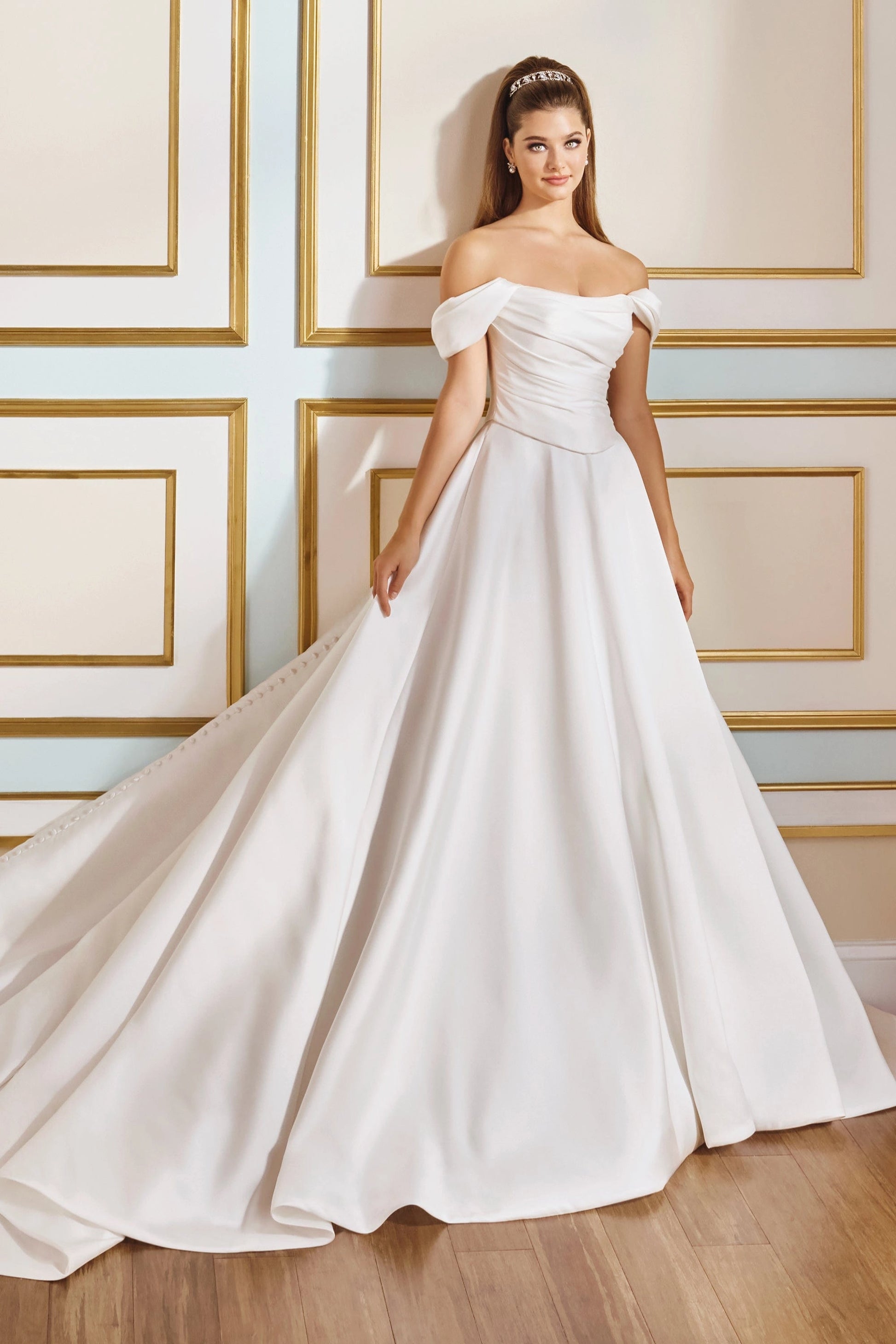 Vedress white satin a line wedding dress off shoulder draped sleeve twisted bodice gown with cathedral train for formal church castle wedding