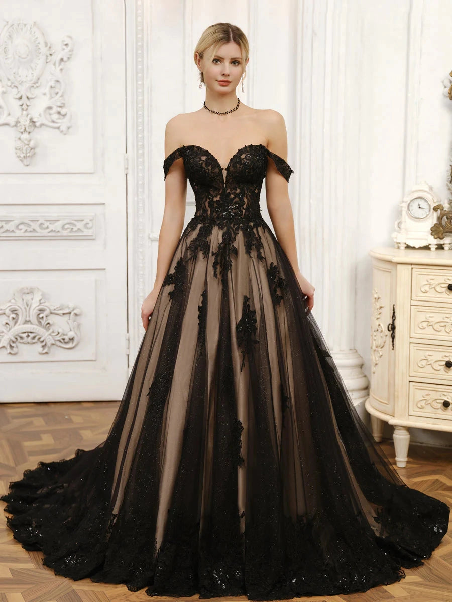 Vedress sparkly black lace a line prom dress sweetheart off shoulder corset lace up long train gothic formal gown front studio view