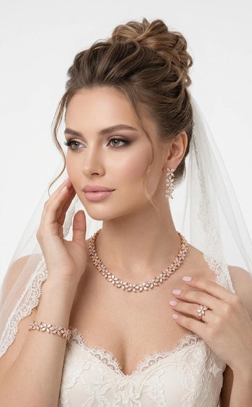 Rose Gold Floral Rhinestone Jewelry Set