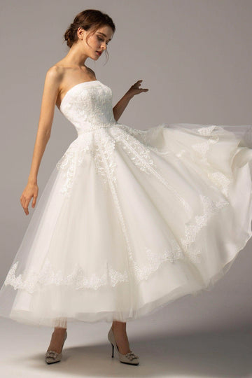Vedress romantic vintage strapless lace a line tea length midi wedding dress for civil intimate elopement bride