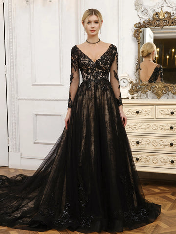Elegant A Line Deep V Long Sleeve Low Back Court Train Wedding Dress