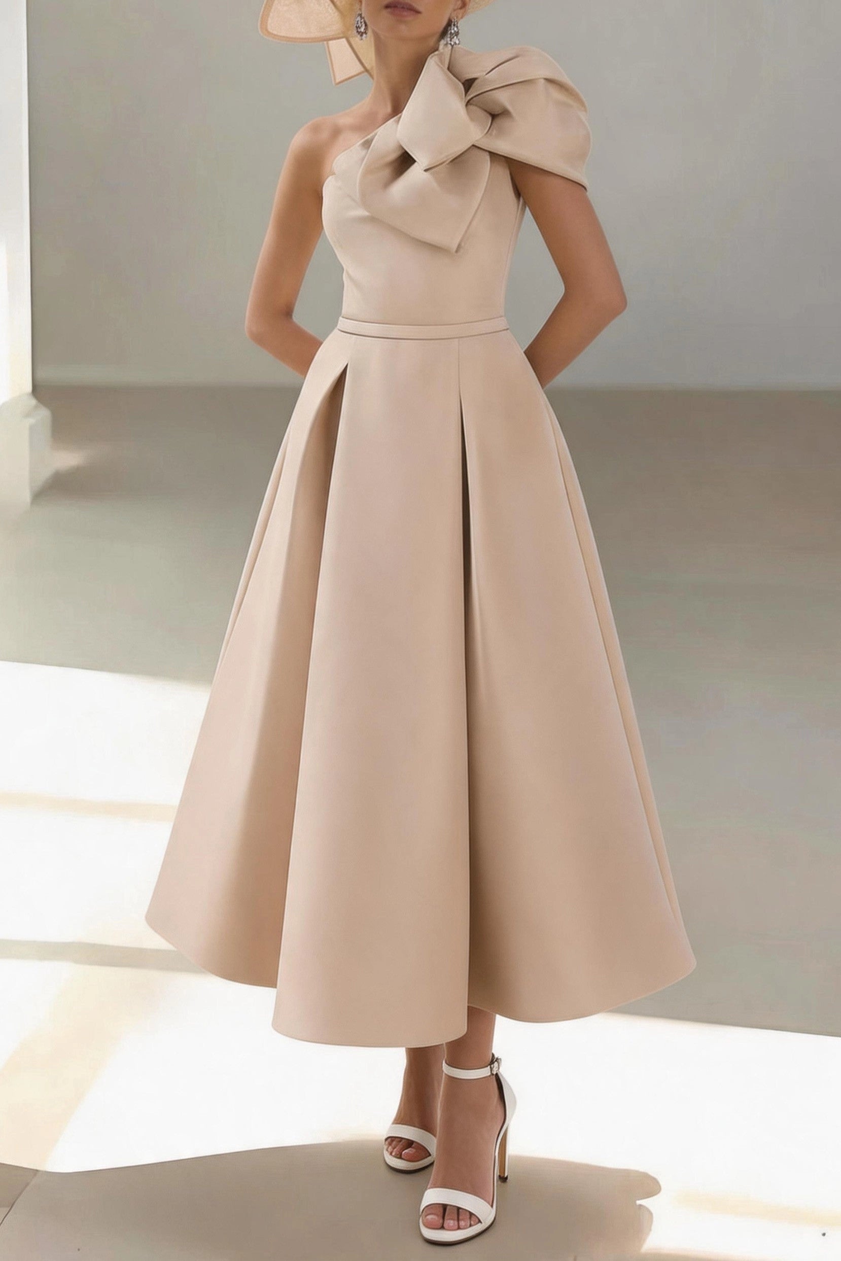 Vedress nude satin midi mother of the bride dress one shoulder big bow sleeveless a-line gown for Ascot race day garden wedding