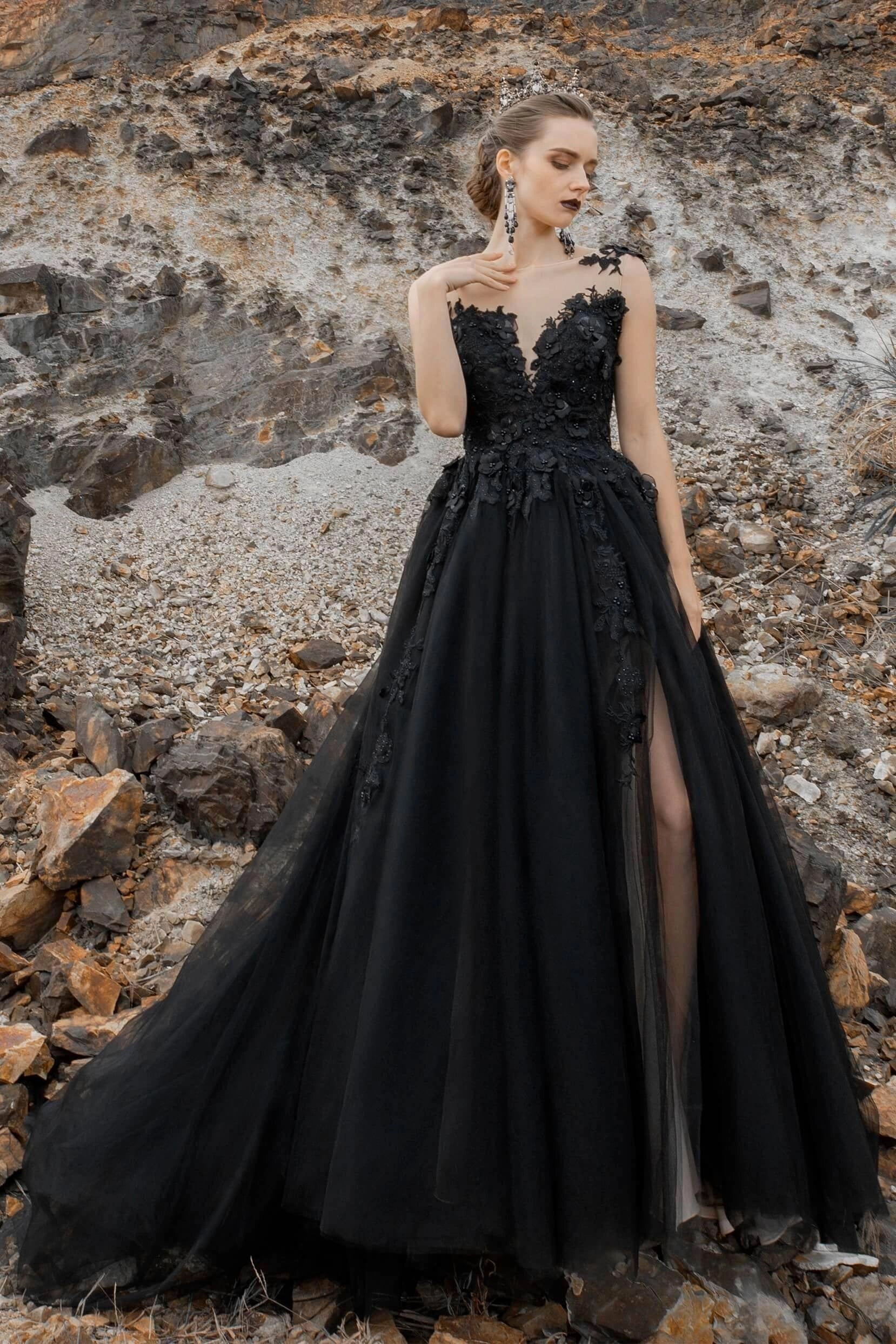 Vedress Black 3D Floral Illusion Low Back Gothic Ballgown Wedding Dress