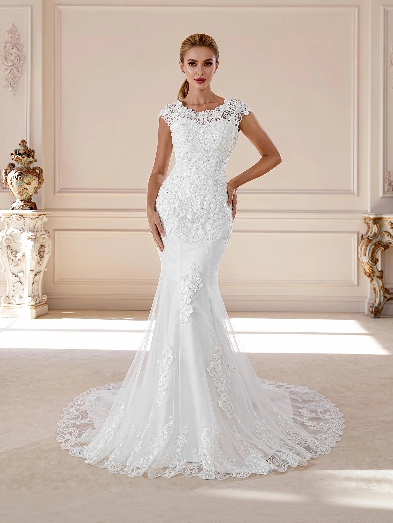 Classic Mermaid Bateau Cap Sleeve Lace Up Back Chapel Train Bridal Wedding Dress