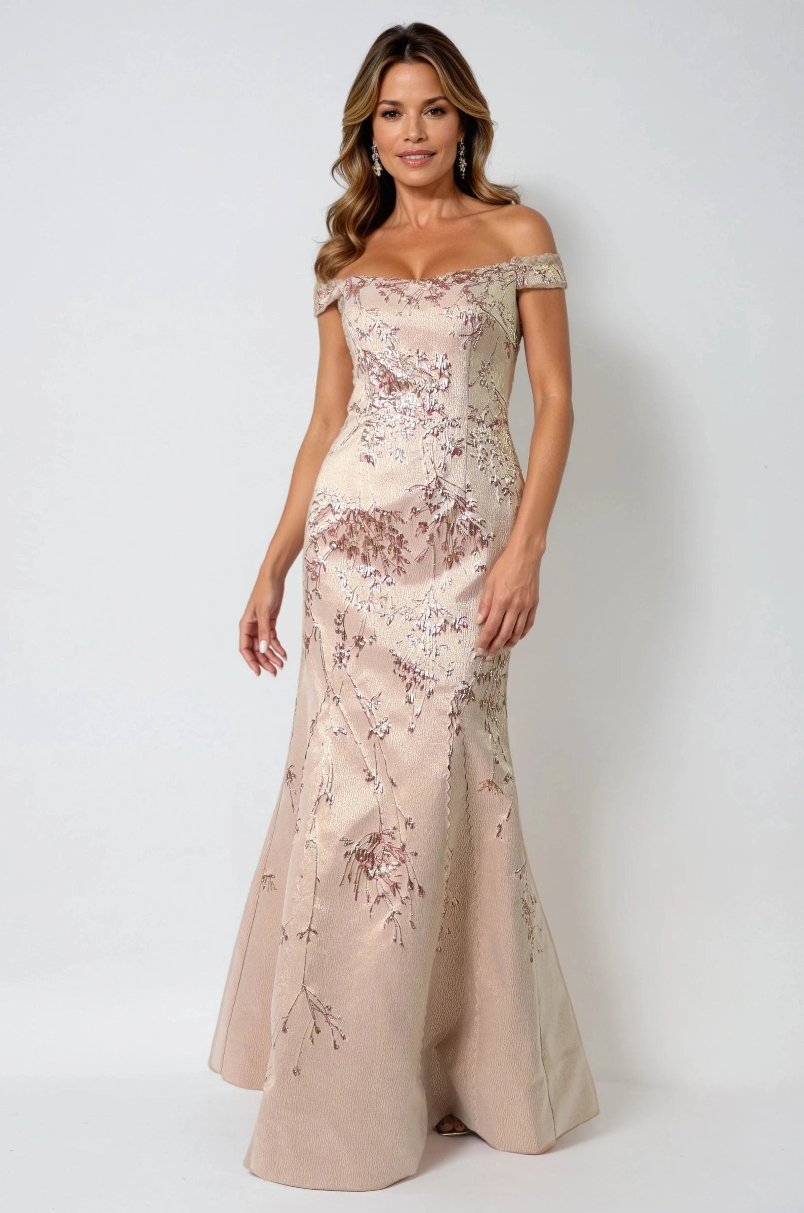 Vedress champagne mother of the bride dress with off-shoulder neckline botanical detailing and floor-length mermaid silhouette front view