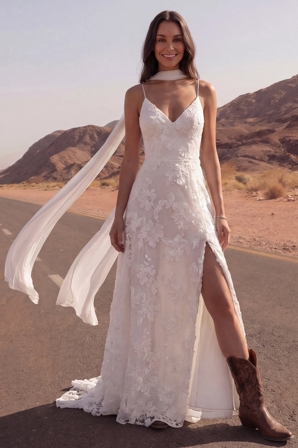 Vedress spaghetti strap 3d floral lace wedding dress, deep v front slit boho elopement bridal gown with sweep train, front view