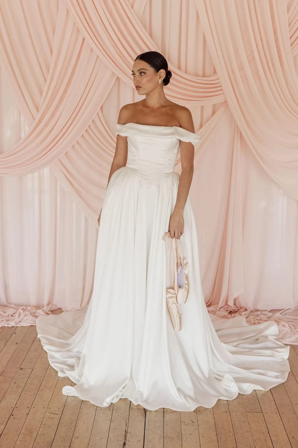 Romantic Ballgown Off-shoulder Sleeveless Button Back Cathedral Train Ivory Satin Wedding Dress