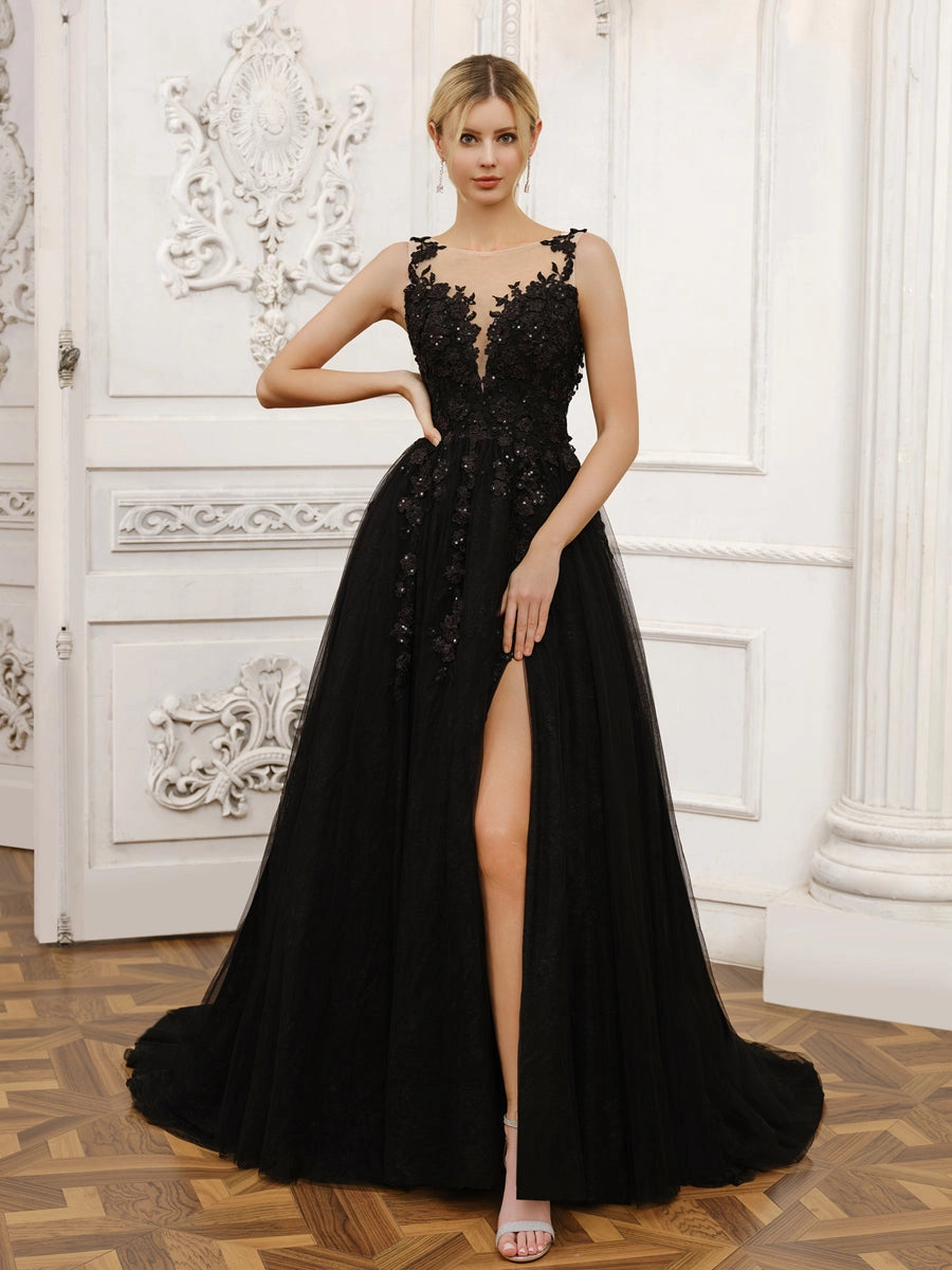 Stunning A Line Illusion Sleeveless Low Back Court Train Wedding Dress