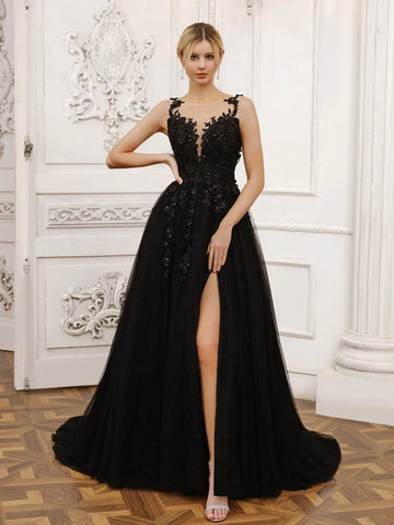 Stunning A Line Illusion Sleeveless Low Back Court Train Wedding Dress